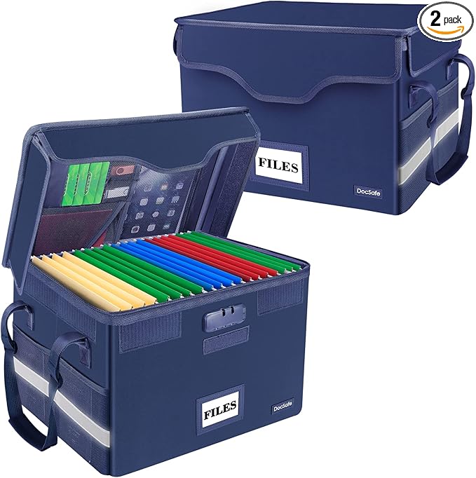DocSafe File Box Fireproof Document Box with Lock,File Storage Organizer Box with Insert Pockets,Collapsible Portable File Box Home Office File Cabinet Safe for Hanging Letter/Legal Folder,Blue,2 Pack