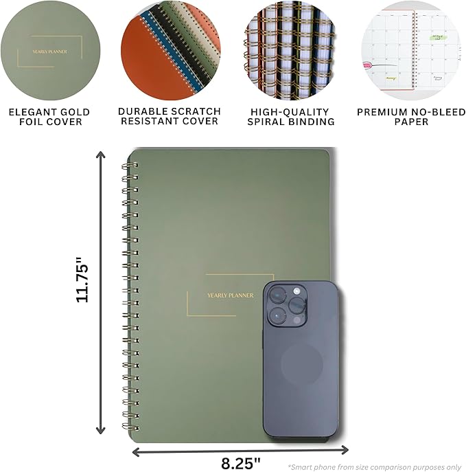 | Ultimate Yearly, Daily, Weekly, Monthly Planner | 8.25" x 11.75" | To Do List Notebook for Work | Simple Design | Multiple Layouts | Academic Planner and Organizer Notebook (Black, Yearly Planner - Portrait)