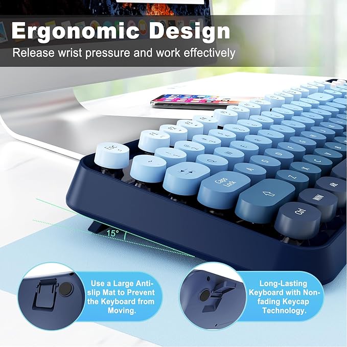 FOPETT Wireless Keyboard and Mouse Combo, 104 Keys Full-Sized 2.4 GHz Round Keycap Colorful Keyboards, USB Receiver Plug and Play, for Windows, Mac, PC, Laptop, Desktop (GradientBlue)