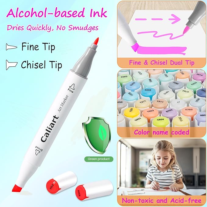 Caliart 81 Colors Alcohol Based Markers, Dual Tip Permanent Artist Art Sketch Markers for Adult Kid Coloring Book, Illustration Painting Card Making, Bonus 1 Colorless Alcohol Marker Blender
