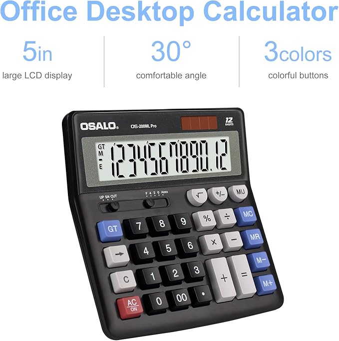 OSALO Desktop Calculator Extra Large Display 12 Digits Big Buttons Solar Accounting Calculator for Office Black (OS-200ML)