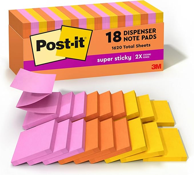 Post-it Super Sticky Notes, 3x3 in, 18 Pads, 2X The Sticking Power, Energy Boost Collection, Bright Colors, Recyclable (R330-18SSAUCP)