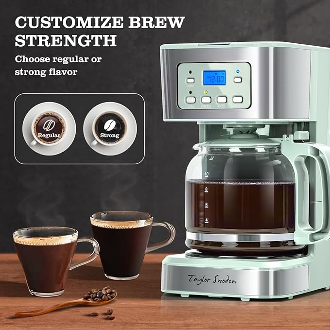 Taylor Swoden 12-Cup Programmable Coffee Maker, Regular & Strong Brew Drip Coffee Machine for Home and Office, Glass Carafe, Pause & Serve, Auto Shut Off, Green & Stainless Steel