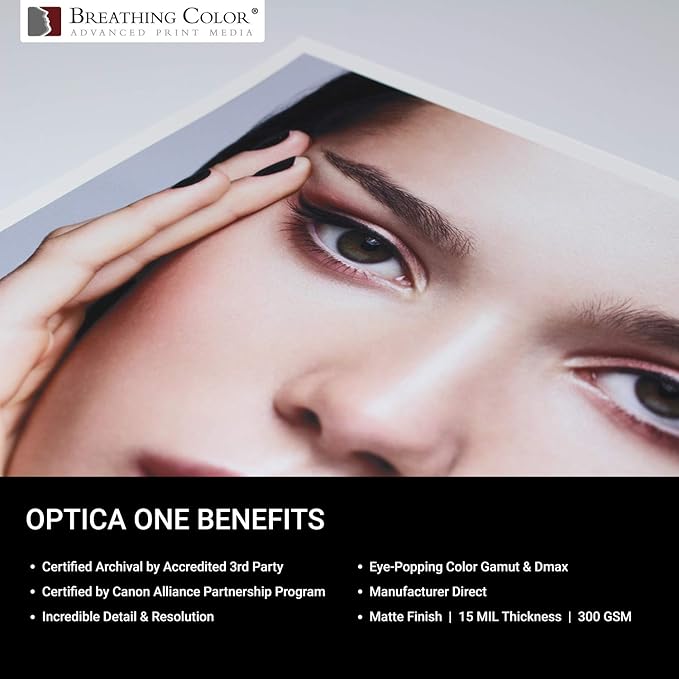 Optica One is a Luxurious 300 gsm Smooth Matte Fine Art Inkjet Paper Featured in a 17"x40' Roll; Its Bright White Color Makes It Ideal for Black and White and Color Prints. 100% Archival Certified