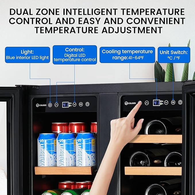 24 Inch Wine and Beverage Refrigerator Under Counter, Dual Zone Black Beverage Fridge with Glass Door&Lock,20 Bottles & 88 Cans Wine and Beverage Cooler, Freestanding Mini Fridge for Bedroom Home