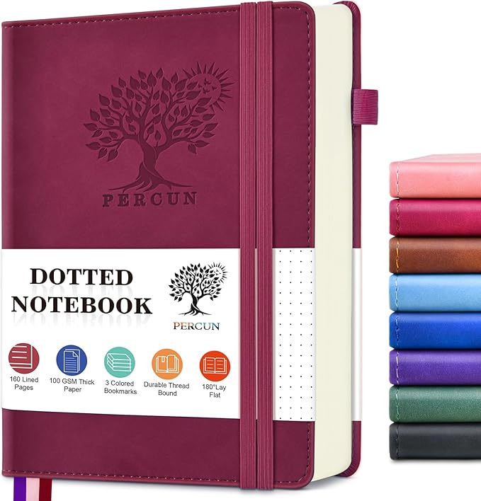 PERCUN Dotted Journal Notebook for Men & Women, 160 Pages Dot Grid notebook for Note Taking, Bullet Journaling Notebook for Work, School, Travel, Writing,A5 Hardcover 5.9" x 8.5" (Burgundy)