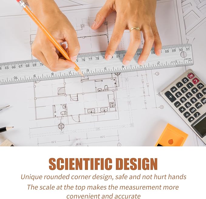 2PCS 36 Inch Metal Ruler, Stainless Steel Straight Edge Ruler with Cork Backing, Non-Slip Imperial & Metric Measuring Tool for School, Office, Woodworking, Drafting