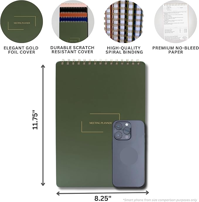 | Meeting Notebook for Work | 8.25" x 11.75" | Project Planner | Simple Design | Multiple Layouts | Office and Business Planner (Black, Meeting Planner - Portrait)