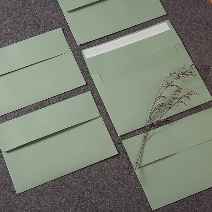 Wishop 50 Pack Self-Adhesive Envelopes with Fold Cards for Wedding Invitations, Greeting Cards, Baby Shower, Letter Mailing (Sage-Green, 5x7)