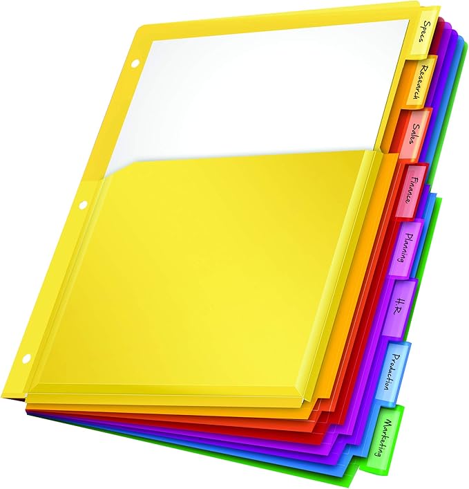 Oxford Expanding Plastic Binder Dividers, Divider for 3 Ring Binder, Flexible Front Expanding Pockets, 8 Tab, Insertable Multicolor Tabs, Letter Size, 3 Sets (89605)