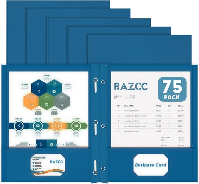 Two Pocket Folders, RAZCC 75 Pack Two Pocket Folders with Prongs, 3 Prong Folders Fit Letter Size Paper, Pocket File Folders for School Office Home Business, Dark Blue