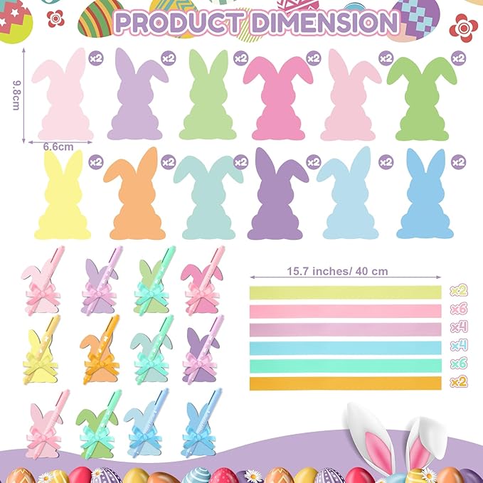 24 Set Easter Bunny Sticky Notes and Pens Set Easter Gifts Colorful Rabbit Self Sticky Note with Pens Easter Basket Stuffer Rabbit Self-stick Memo Pads for Classroom Office Supplies Goodies Bag Prizes