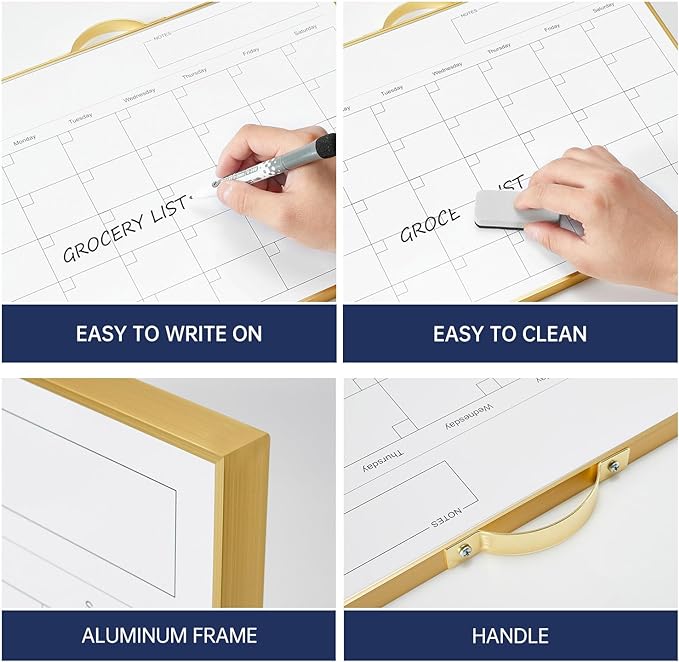 TSJ OFFICE White Board Calendar - 12 X 16 Inches Magnetic Dry Erase Board Monthly Calendar, Double Sided Whiteboard with a Handle, to Do List Notepad for Office, Home, School, Gold Aluminum Frame