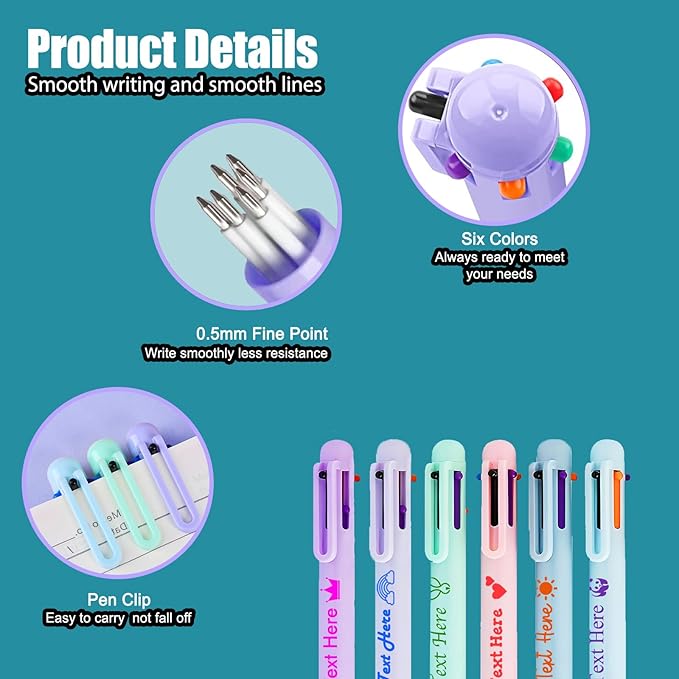 Custom 6-In-1 Multicolor Ballpoint Pen 0.5mm Tip Personalized Pens with Text Logo Name Printed Customized Pens Gift for Businesses School Office Employee Exhibition, 70PCS