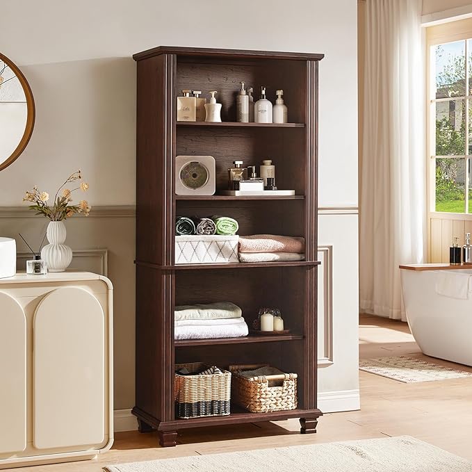 70" Tall Walnut Bookshelf,5 Tier Wooden Book Shelf with Adjustable Shelves & Wood Legs,Free Standing Farmhouse Bookcase with Open Display Storage,Vintage Bookshelves for Classroom, Office