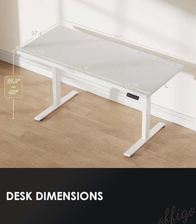 OffiGo Electric Standing Desk with 3-Piece Board, 71 Inch Height Adjustable Large Table with Power Outlets, Sit Stand Table, Writing Computer Desk for Home, Office, Workstation, White