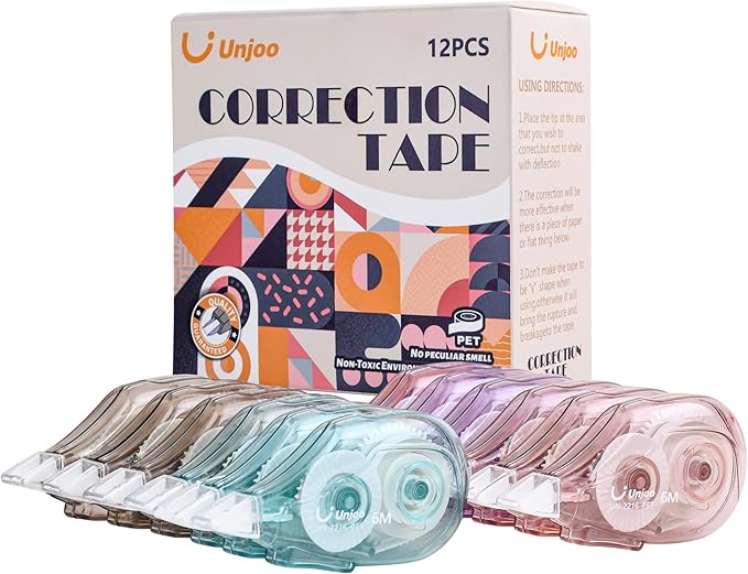 White Correction Tape Dispenser, 12-Count Pack, Easy To Use Applicator, Fast, Clean Tear-Resistant Tape For school Supplies, Office (6M/256, 4 colors, Tape Width 0.2in)