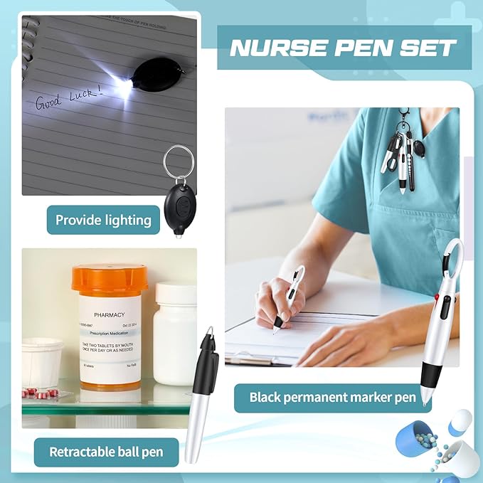 6 Pcs Nurse Pen Set Include Permanent Marker Pen Retractable Ballpoint Pen Keychain Clip Foldable Scissors Lights LED Flashlight Keychain for Nurse Accessories(Black)