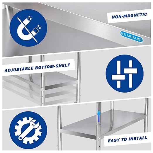 Stainless Steel Table for Prep & Work with Backsplash 24 x 48 Inches NSF Metal Commercial Kitchen Adjustable Under Shelf Worktable for Restaurant Home Outdoor