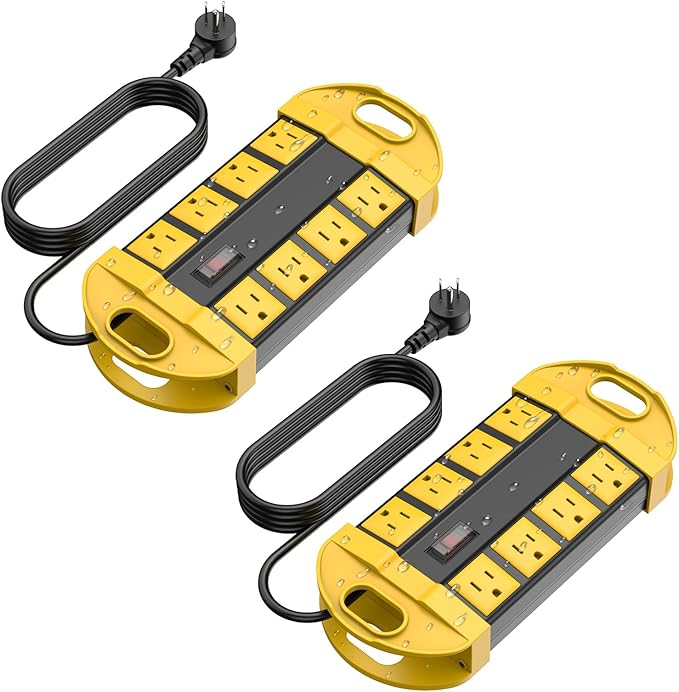 CCCEI 2 Outdoor Power Strips Weatherproof with 8 Plug, Waterproof Extension Cord with Multiple Outlets, Christmas Exterior Garden Yard Surge Protector 6FT, Yellow.