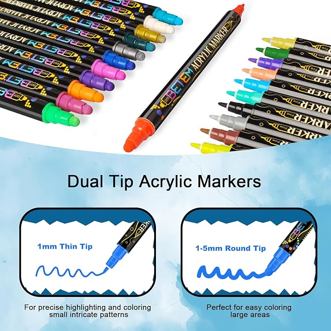 Betem 24 Colors Dual Tip Acrylic Paint Pens Markers, Premium Acrylic Paint Pens for Wood, Canvas, Stone, Rock Painting, Glass, Ceramic Surfaces, DIY Crafts Making Art Supplies