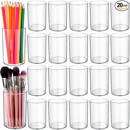 Crtiin 20 Pack Clear Acrylic Pen Holder Makeup Brush Round Pencil Holder for Desk Pen Cups Desk Organizers and Storage Desktop Stationery Organizer for Office School Home Supplies