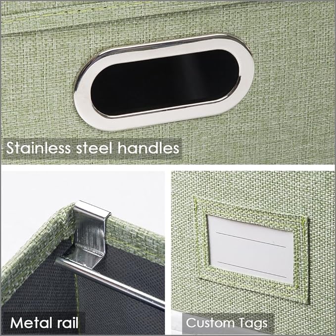PRANDOM File Organizer Box - Set of 2 Collapsible Decorative Linen Filing Storage Hanging File Folders with Lids Office Cabinet Letter Size Green (14x9.3x10.8 inch)
