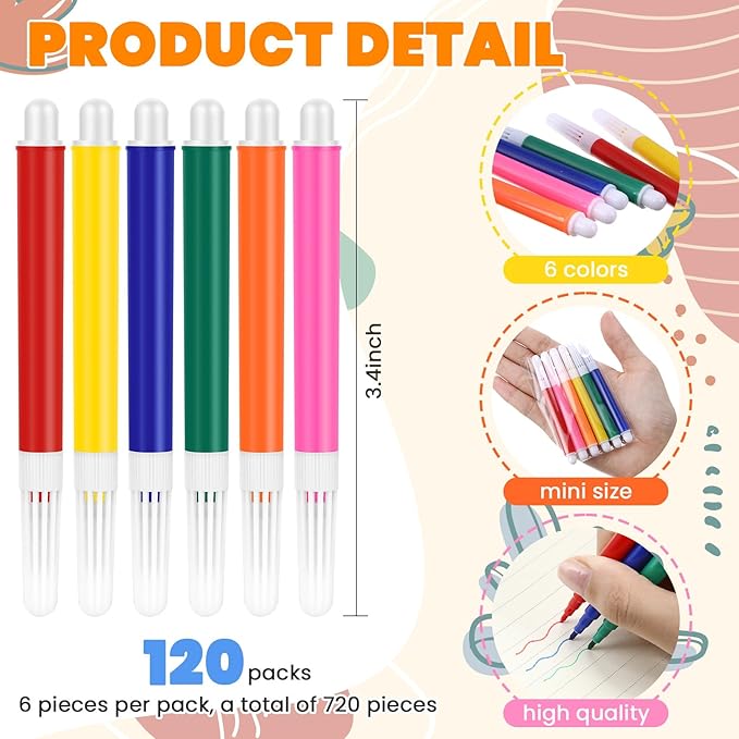 720 Pcs Mini Markers Colored Pen 3.4 Inch Vibrant Colors Portable Short Colored Markers Assorted Multicolor Watercolor Marker Pen for Kids and Adult Glass Office School Supplies (6 Colors)