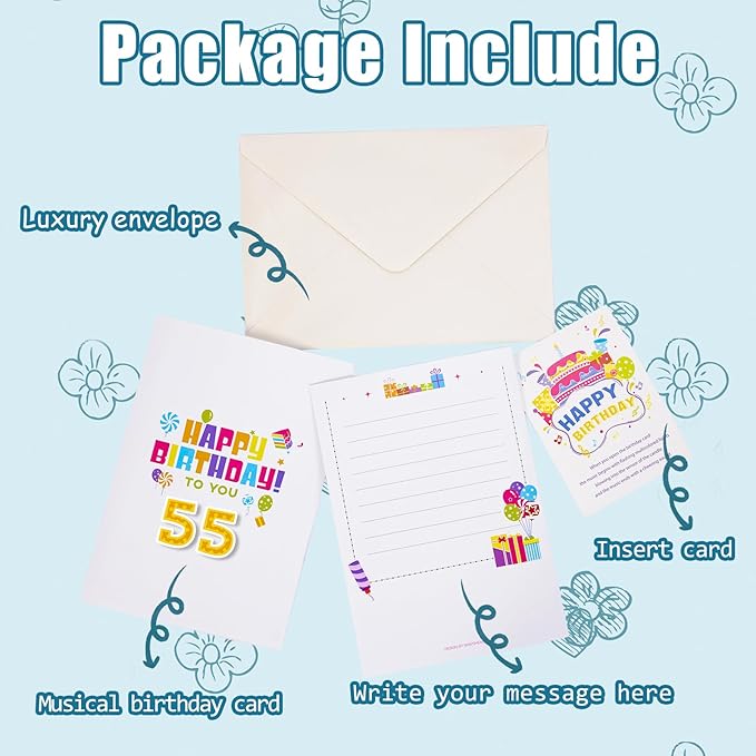 Gumry 55TH Musical Birthday PopUp Card, Blowable Colorful Light Candle 3D Cards with Song, Applause Cheers Sound, Greeting Cards Birthday Gifts Decorations for Women Men Turning 55 Years Old