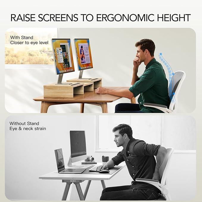 AMERIERGO Dual Monitor Stand Riser- 3 Shelf Screen Stand with Adjustable Length and Angle, 2 Extra Functional Slot Desktop Organizer Stand for PC, Computer, Laptop (Light Wood)
