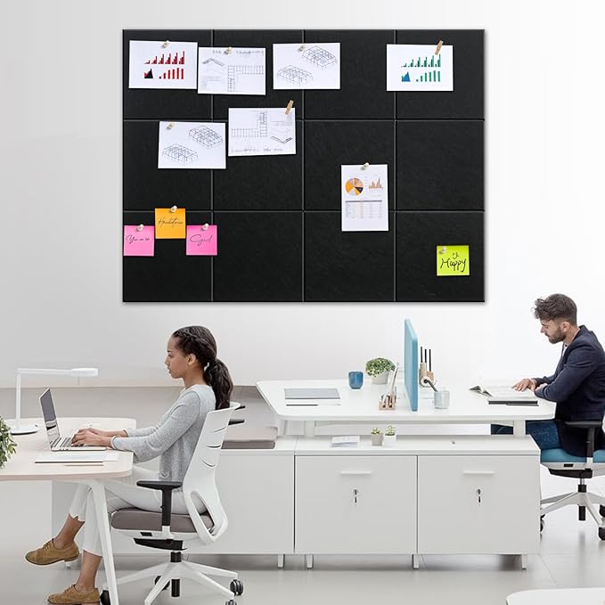 Black Cork Board 48" x 36" - 12 Pack Felt Wall Tiles with Safe Removable Adhesive Tabs - Large Cork Board for Office Classroom Home Walls Decor - Black