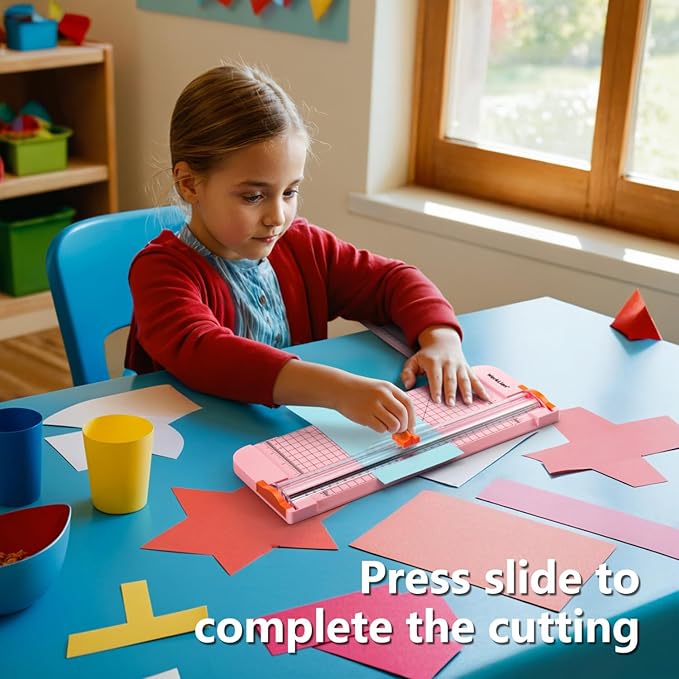 WORKLION Straight Paper Cutter For crafting – Pink 12 Inch Paper Trimmer With Security Safeguard and Side Ruler, Perfect for Cardstock, Coupon,Photos and Crafting Paper.