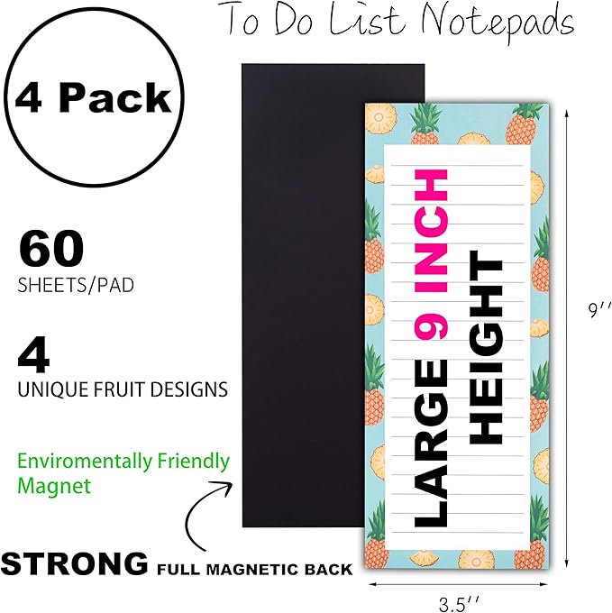 4 Large Magnetic Notepads – Big Notepads for Grocery List, Shopping List, To-Do List, Reminders -Strong Magnetic Back- Memo Pads with Realistic Fruit Designs | 60 Sheets per Pad 9 x 3.5 inch (4 Pack)