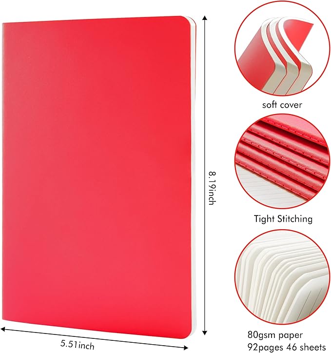 feela 8 Pack Soft Cover Journal Bulk, Notebooks College Ruled for Work, Lined Travel Journal for Women Men, Note Taking Notebook School Supplies Business Writing, 8.2” x 5.5”, A5, Red