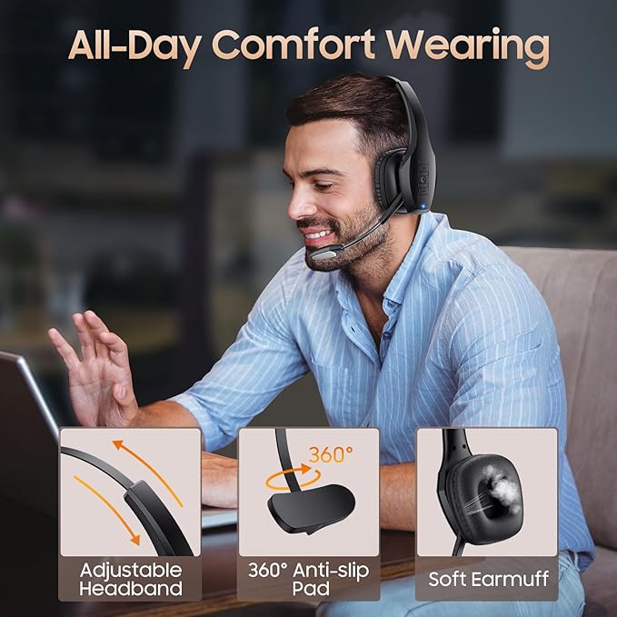 Trucker Bluetooth Headset, Wireless Headset with Mic, Bluetooth Headsets with Dual Noise Cancelling Microphone & Mute Button, 55Hrs Working Time PC Headsets for Cell Phones, Computer, Truck Driver