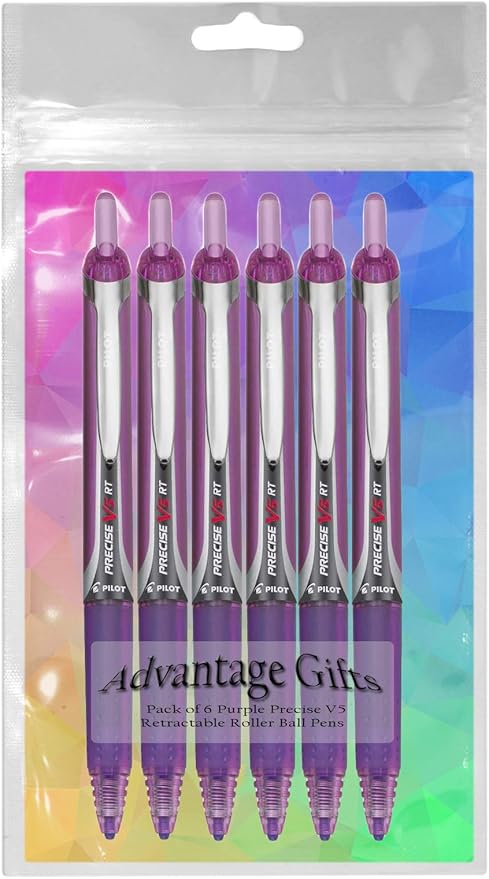 Precise V5 RT Retractable Rolling Ball Pens, Extra Fine Point (.5mm), Purple Ink, 6-pk; Premium Comfort Grip, Bundle with Plastic Reusable Pouch