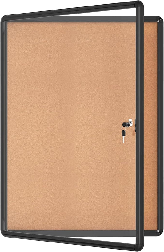 38"x28" Enclosed Bulletin Board, Lockable Weather-Resistant Aluminum Cork Noticeboard for School & Office, Black Frame w/Cork