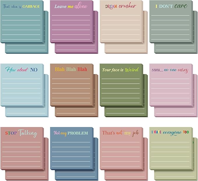 Yinder 24 Pcs Inspirational Sticky Notes with Lines Cute Motivational Sticky Notes Pad Employee Appreciation Gifts Bulk for Teacher Nurse Coworkers Office Supplies 3 x 3''(Morandi Color,Funny)