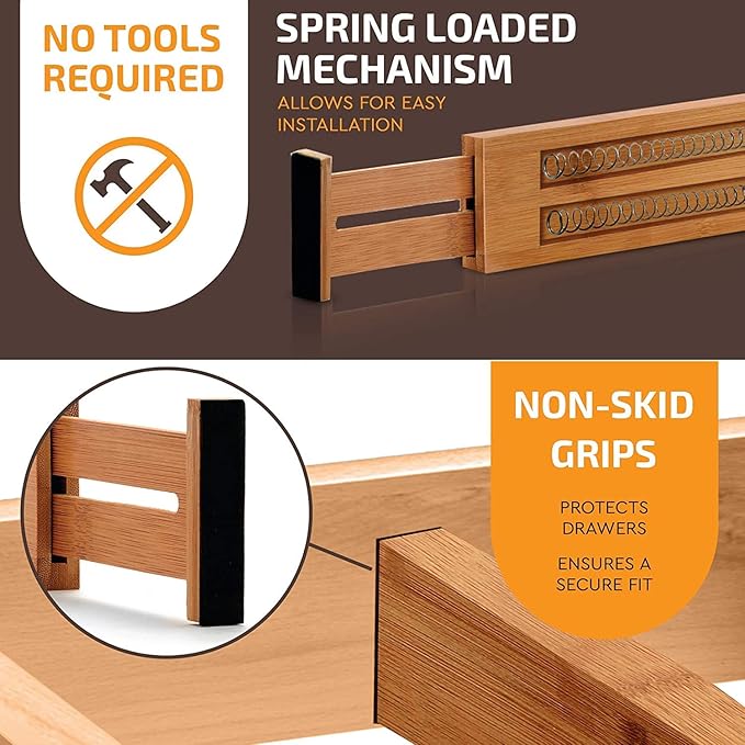 Large Kitchen Drawer Organizer - Expandable Bamboo Drawer Dividers (17" - 21.5") - Adjustable Separators for Kitchen, Clothes, Dresser, Bedroom, Bathroom, and Desk Drawers - 6 Pack