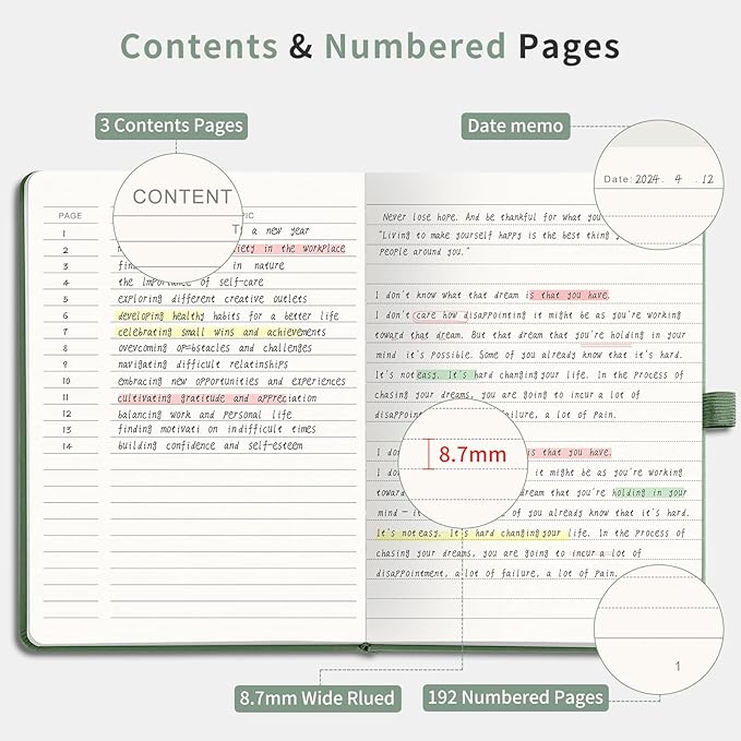 AHGXG Wide Ruled Notebook for School - Lined Journal for Women Men, 192 Numbered Pages, 100 GSM Thick Paper, A5 Hardcover Leather Notebook for Work, Writing, 5.7"×8.3" - Sage Green