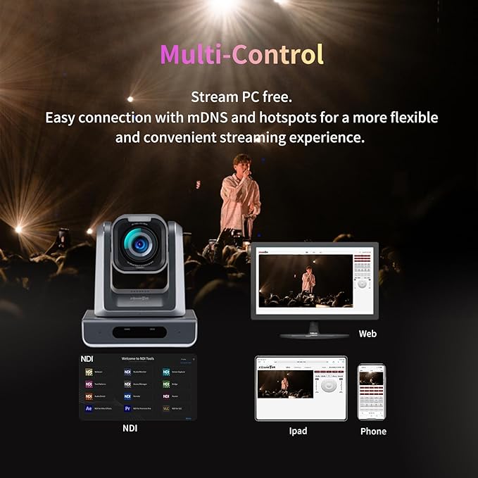 4K Native NDI|HX3(Certified) PTZ Camera PoE, 18X Optical Zoom, Simultaneous HDMI & SDI outputs, RTSP/RTMP(s)/SRT, Standalone IP Live Streaming to YouTube, Twitch for Meeting, Church, Event, Teaching
