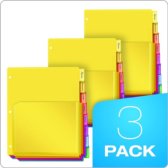 Oxford Expanding Plastic Binder Dividers, Divider for 3 Ring Binder, Flexible Front Expanding Pockets, 8 Tab, Insertable Multicolor Tabs, Letter Size, 3 Sets (89605)