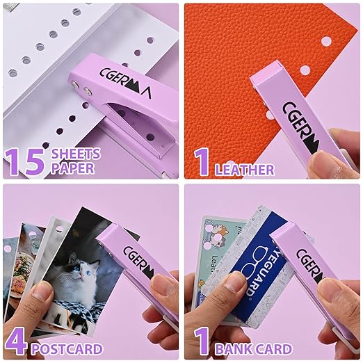 Single Hole Puncher, 1/4" Hole, 50% Labor Savings, Heavy Duty Metal Punch, 15 Sheet Capacity, for ID Cards, Chipboard, Art Project, Crafts Easy Punching, Purple