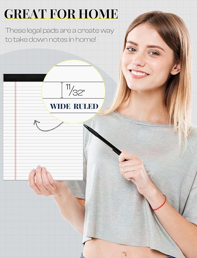 Note Pads 8.5 x 11 Wide Ruled Lined Writing Note Pad for Office 4 Pack White Legal Pads 8.5 x 11", 30 Sheets per White Notepad 28 Lines Lined Paper Pads for School Perforated Legal Notepads for Work