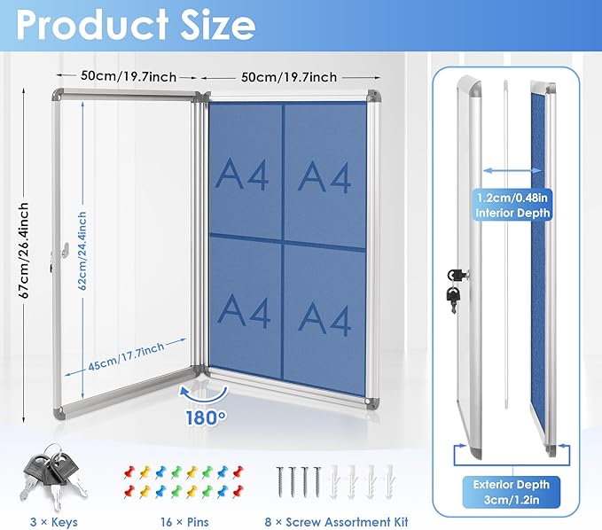 SWANCROWN Lockable Notice Board Tamperproof Enclosed Display Board for Home Office School,Wall-Mounted,Blue Fabric,26x20inch(4xA4)
