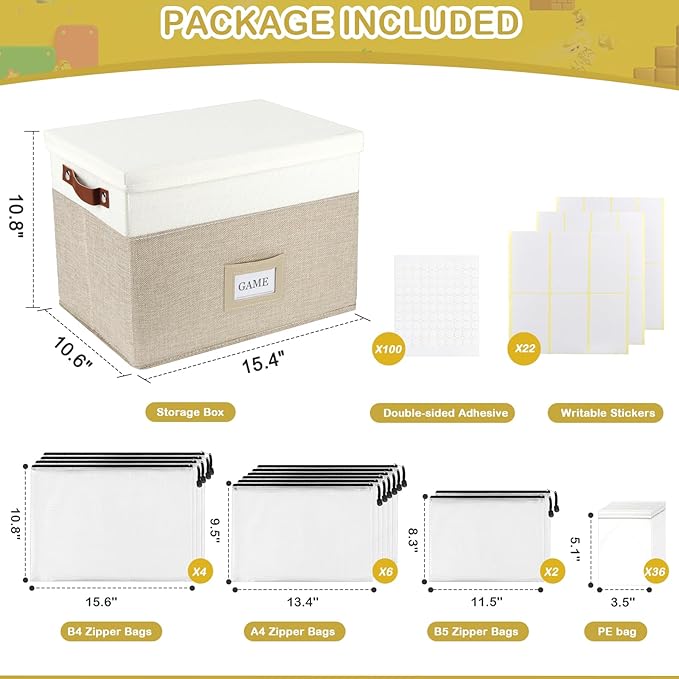 Board Game Storage, Board Game Organizer with 12pcs Zipper Bags and Writable Stickers, Board Game Organizers Storage with Lid for Office Supplies, Puzzles, Video Game, Craft Product