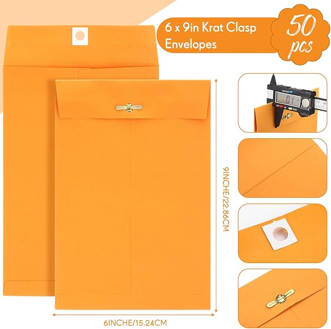 Teling 50 Pcs Manilla Envelopes Clasp Kraft Catalog with Closure for Storing Mailing 28 lb Kraft Envelope Paper for Office Document School Business Home(Yellow,6 * 9)