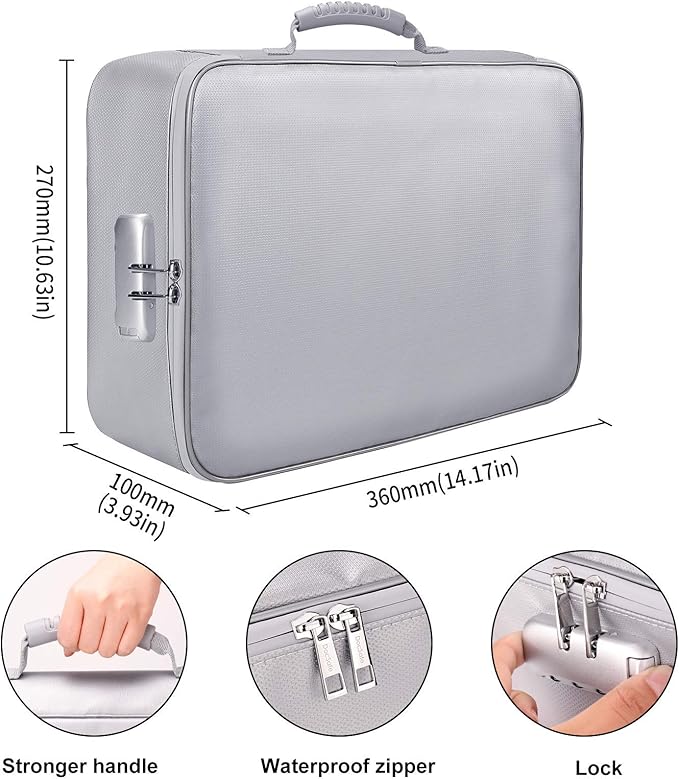 DocSafe Document Bag with Lock,Fireproof 3-Layer File Organizer Case with Water-Resistant Zipper,Document Storage Safe Bag Portable Travel Home for Paper,Files,Certificates,Gifts for Him,Silver
