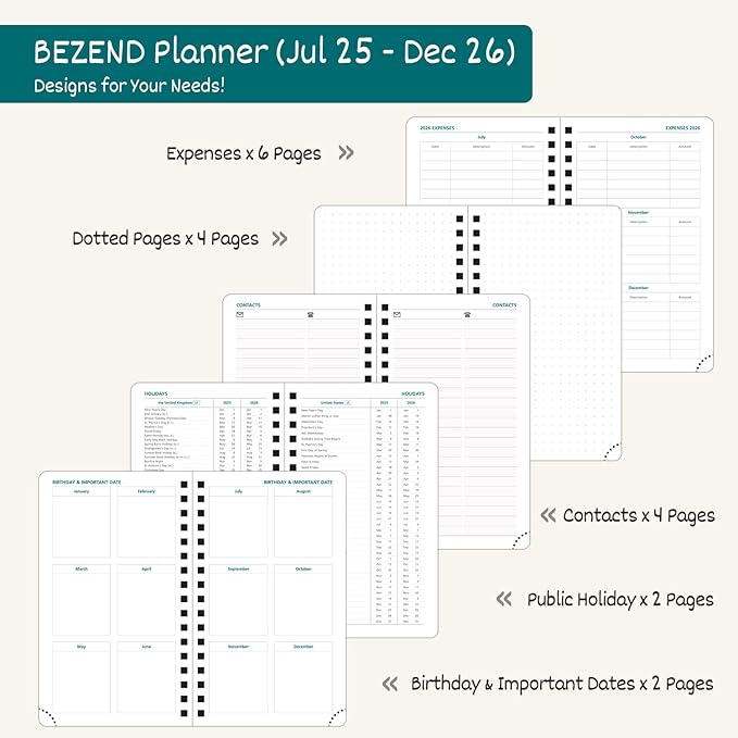 BEZEND Pocket Planner 2025-2026 Weekly with 2 Columns, 18-Month Academic Calendar (Jul 25-Dec 26), Life Work App., Storage Pocket, Pen Holder, PU Leather Softcover 3.5" x 6" Spiral - Evergreen