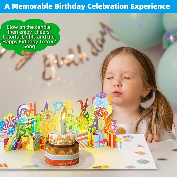 Gumry 8TH Musical Birthday PopUp Card, Blowable Colorful Light Candle 3D Cards with Song, Applause Cheers Sound, Greeting Cards Birthday Gifts Decorations for Daughter Son Turning 8 Years Old